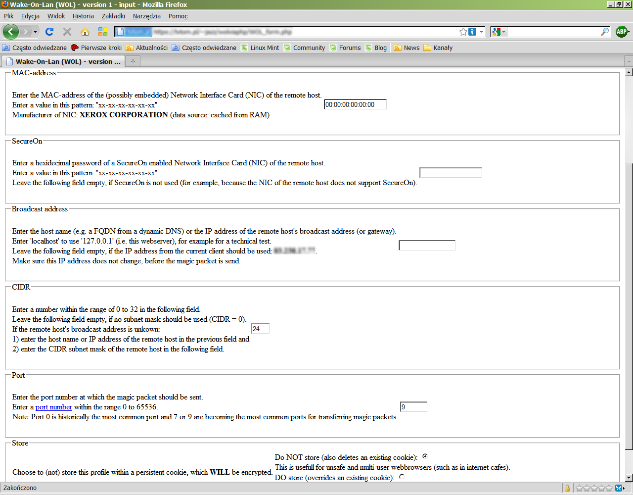 Wake On Lan via PHP - formularz